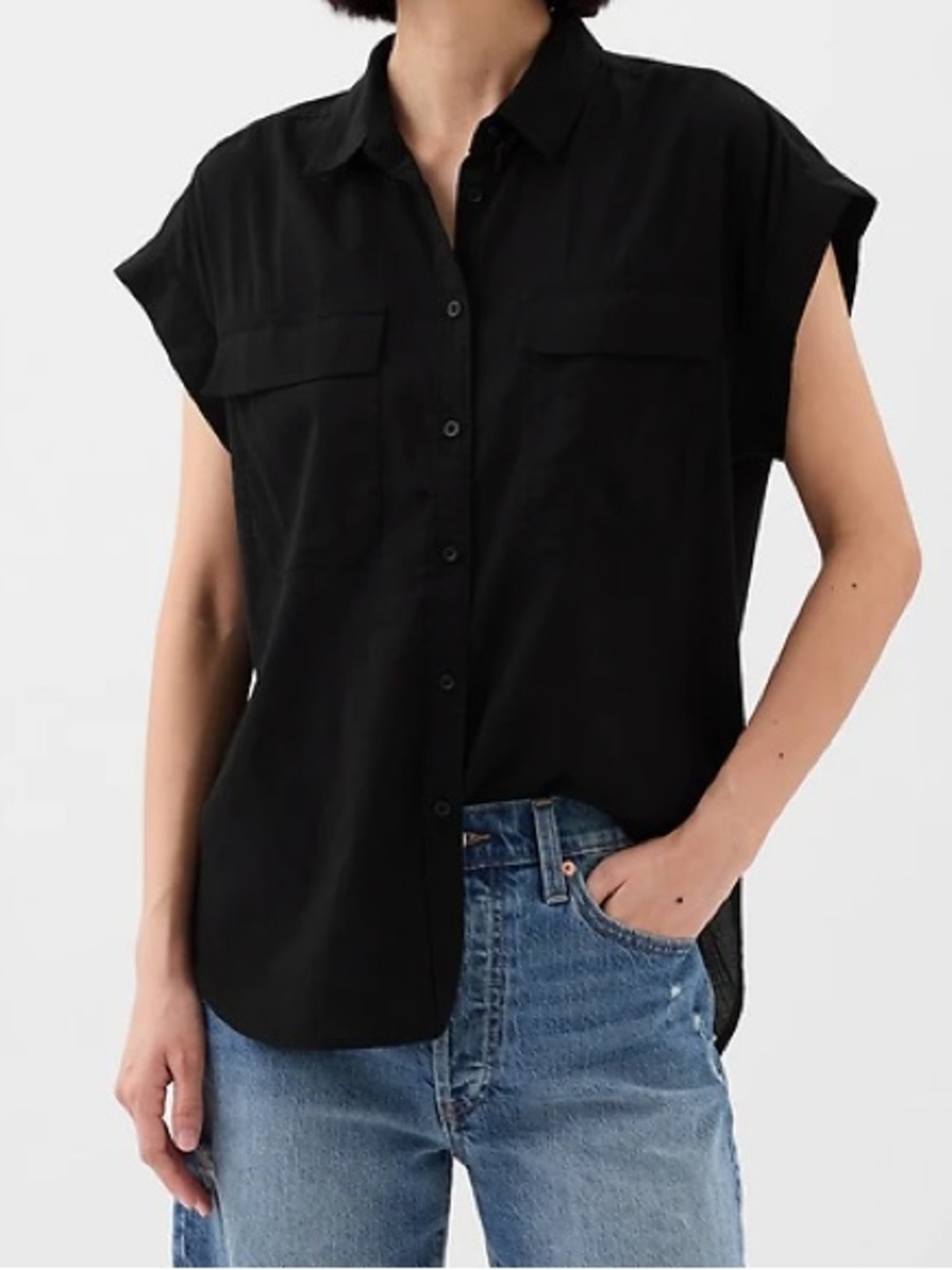 Gap Black Cap Sleeve Button Down Utility Shirt Size S